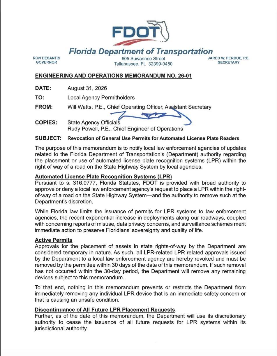 Scan of FDOT Engineering and Operations Memorandum 26-01 on agency letterhead, dated August 31, 2026, signed by Will Watts, P.E.