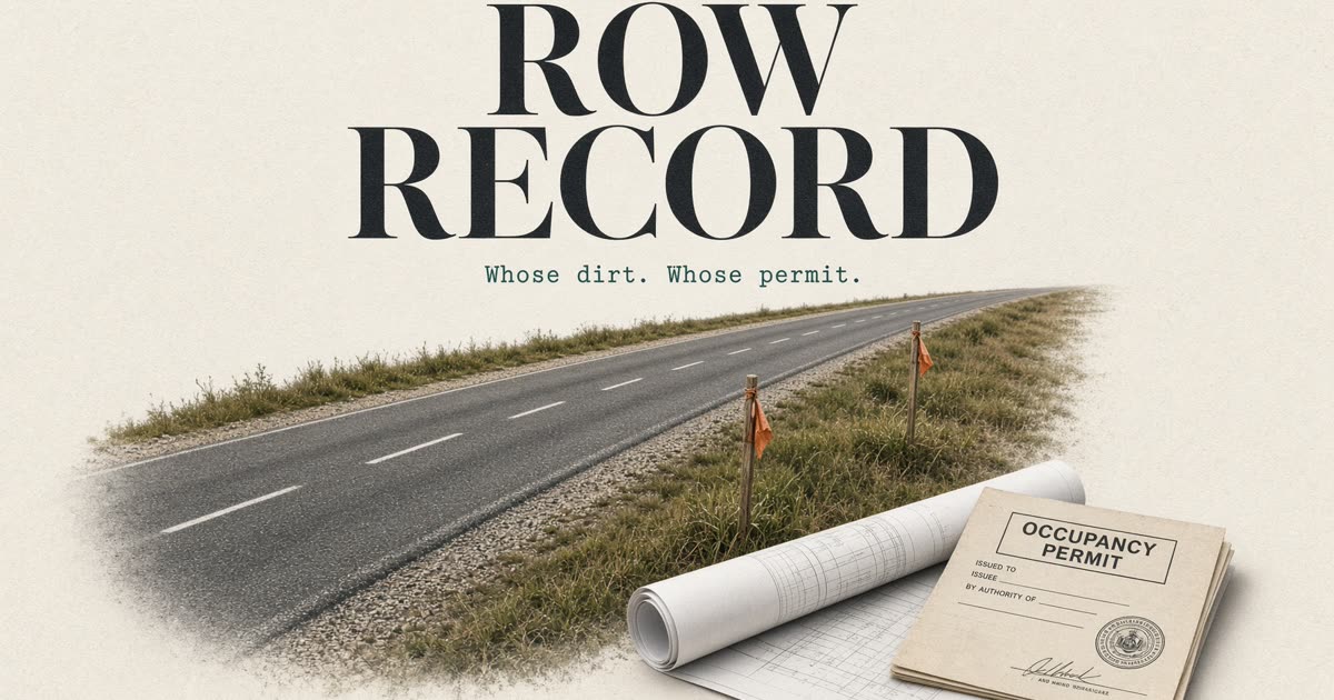 Highway corridor with survey stakes marking the legal right-of-way. ROW Record.